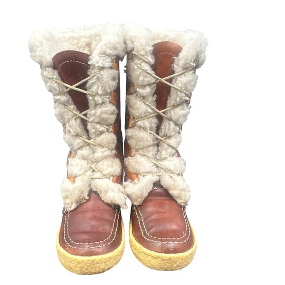 VTG Cabelas Boots 8 Leather Shearling Lace-Up Chunky 70s Distressed Boho Hippy - Picture 4 of 16